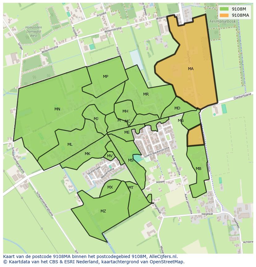 Afbeelding van het postcodegebied 9108 MA op de kaart.