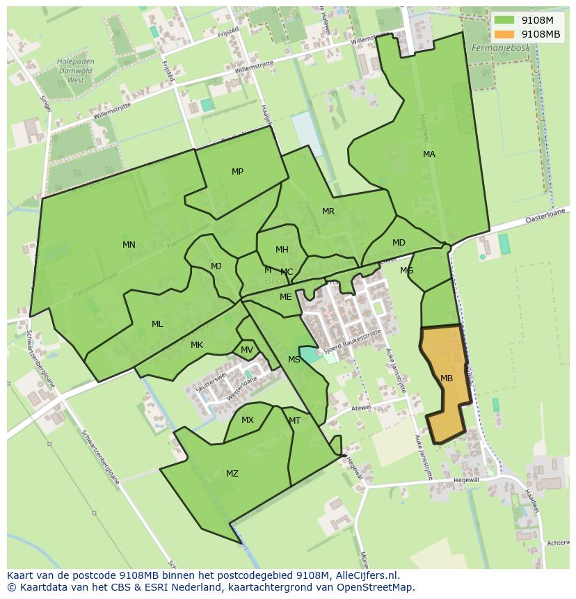 Afbeelding van het postcodegebied 9108 MB op de kaart.