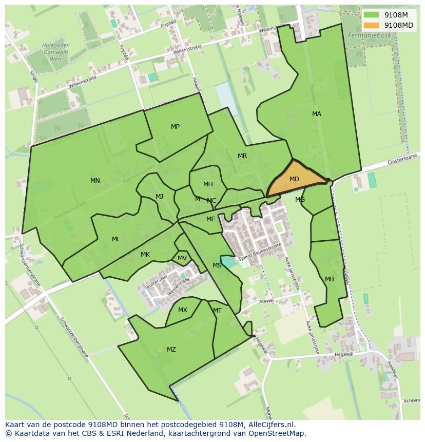 Afbeelding van het postcodegebied 9108 MD op de kaart.