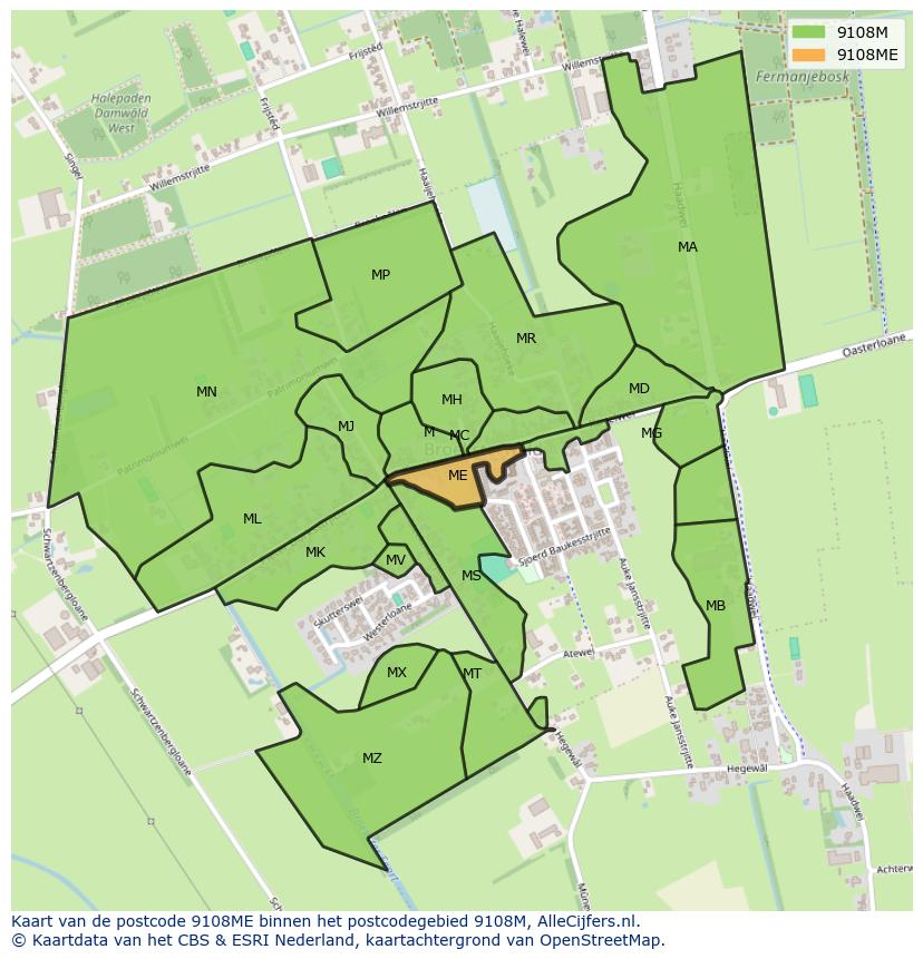 Afbeelding van het postcodegebied 9108 ME op de kaart.