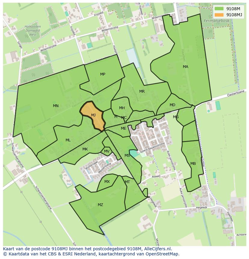 Afbeelding van het postcodegebied 9108 MJ op de kaart.