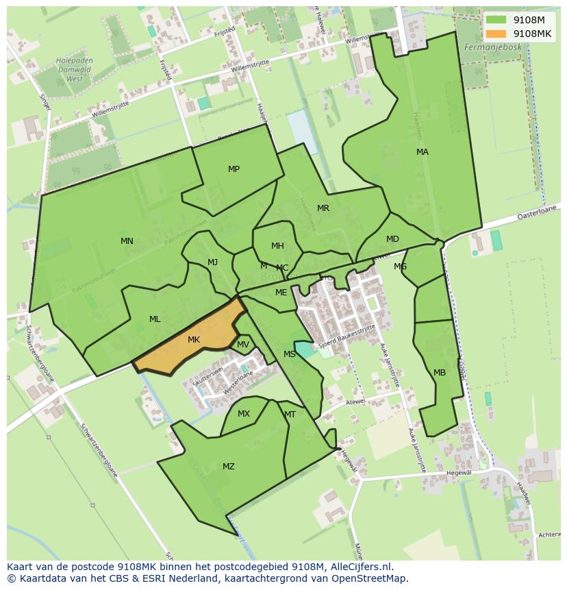 Afbeelding van het postcodegebied 9108 MK op de kaart.