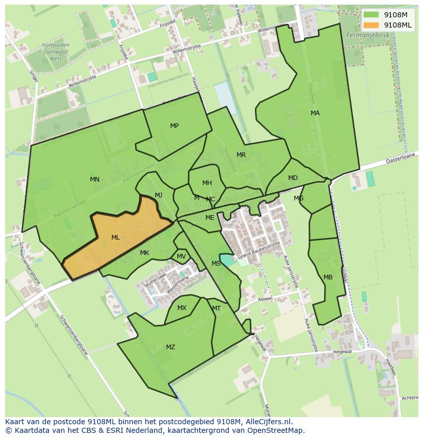 Afbeelding van het postcodegebied 9108 ML op de kaart.