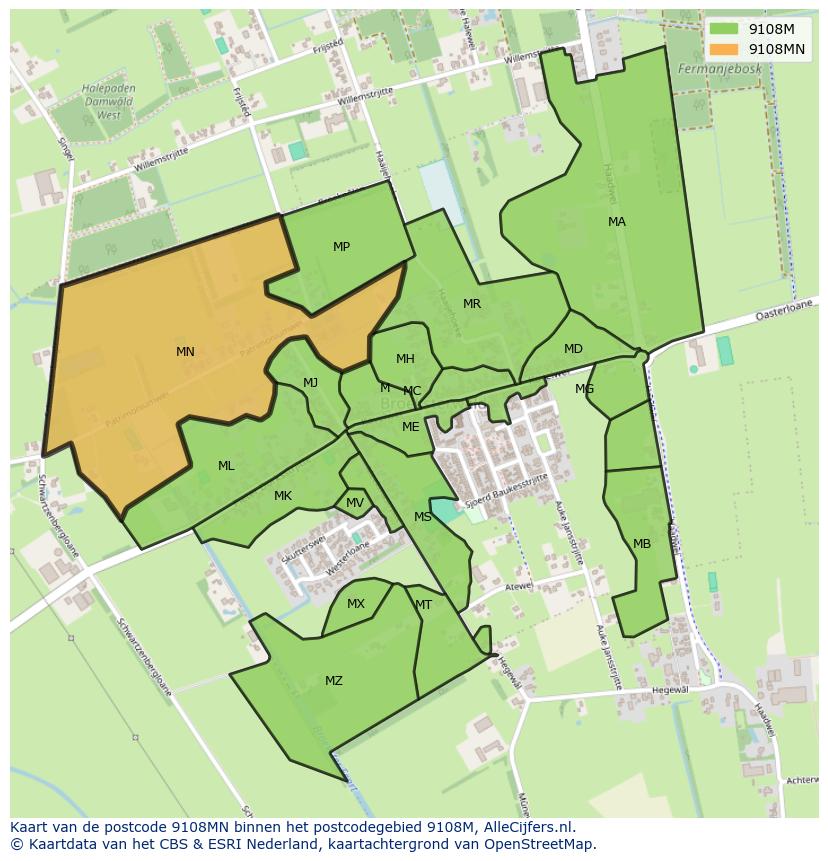 Afbeelding van het postcodegebied 9108 MN op de kaart.