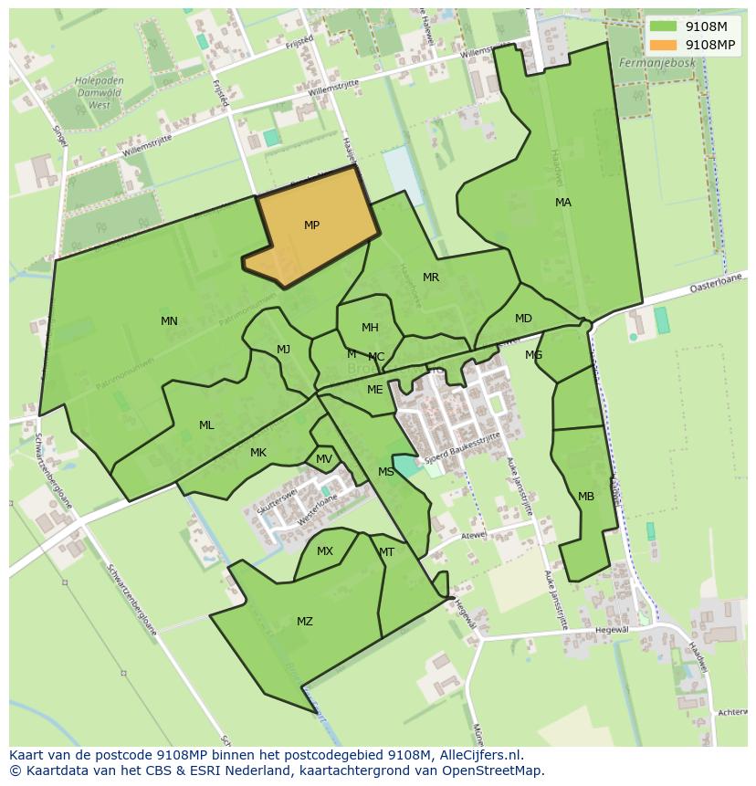 Afbeelding van het postcodegebied 9108 MP op de kaart.