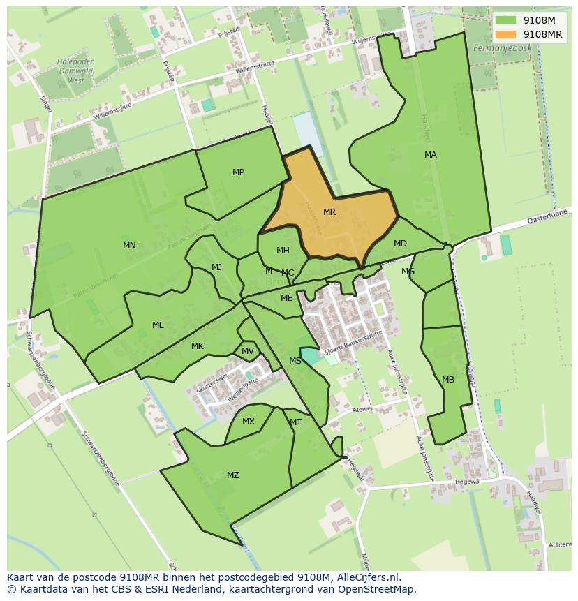 Afbeelding van het postcodegebied 9108 MR op de kaart.