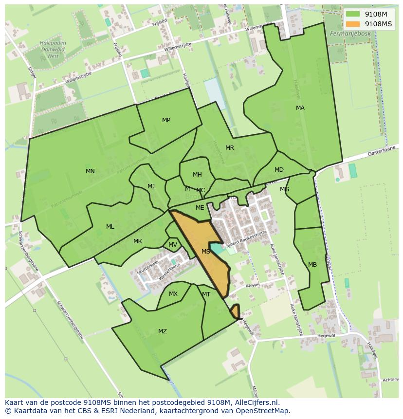 Afbeelding van het postcodegebied 9108 MS op de kaart.