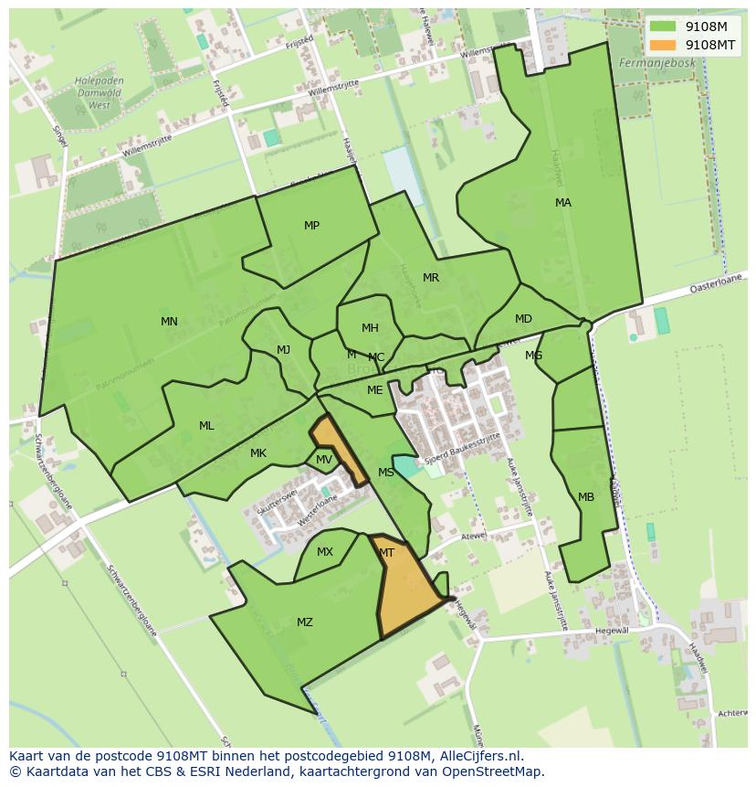 Afbeelding van het postcodegebied 9108 MT op de kaart.