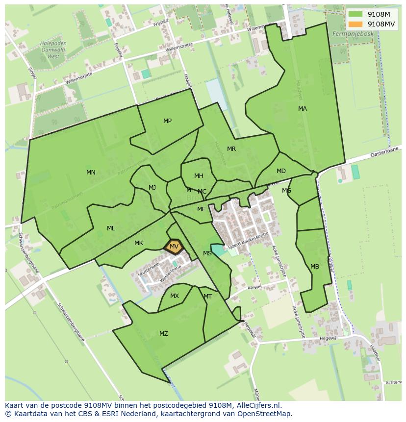 Afbeelding van het postcodegebied 9108 MV op de kaart.