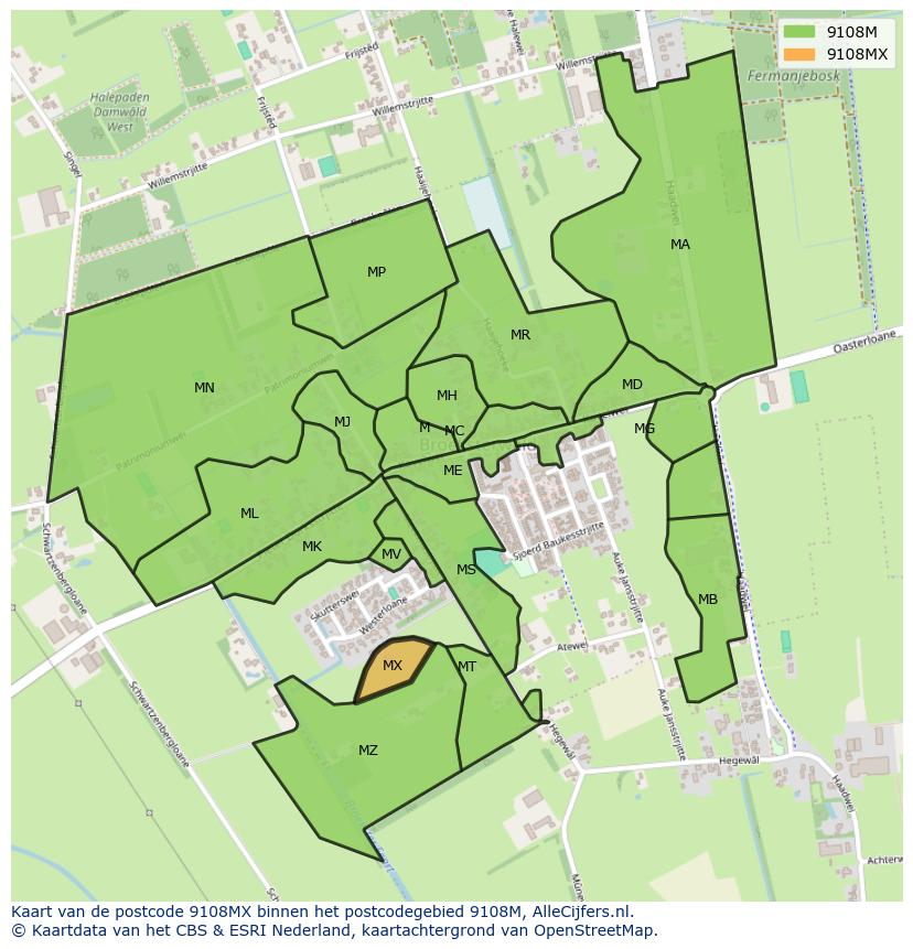 Afbeelding van het postcodegebied 9108 MX op de kaart.