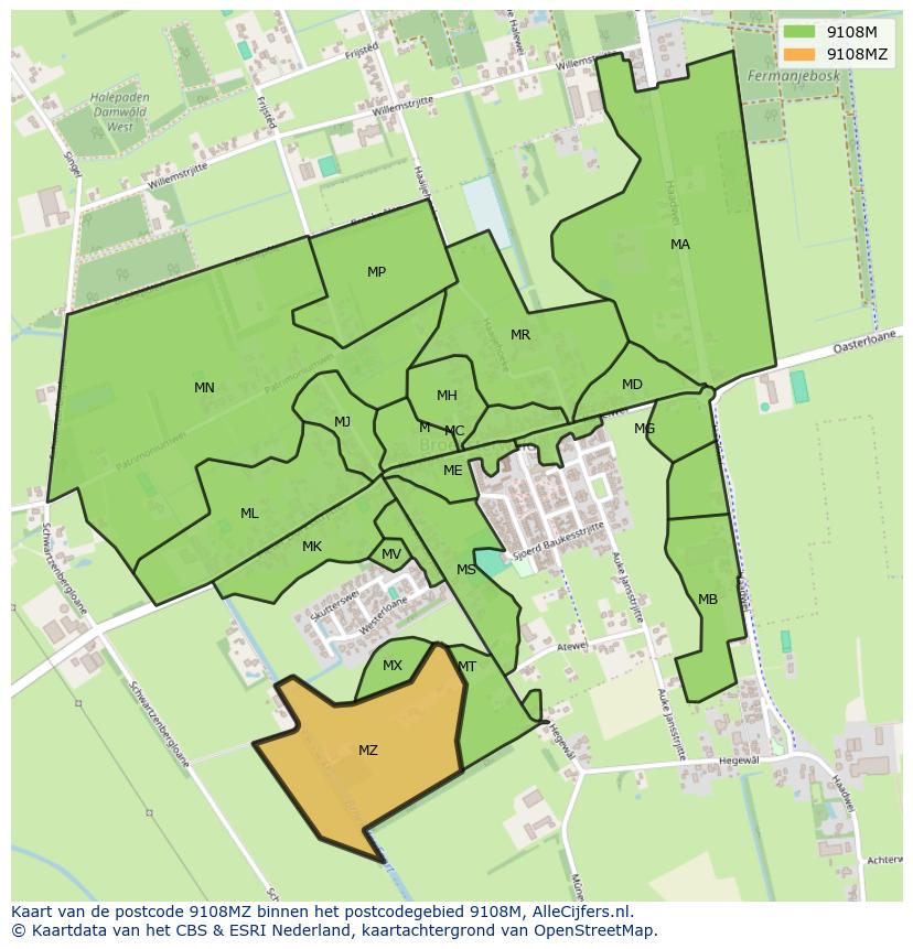 Afbeelding van het postcodegebied 9108 MZ op de kaart.