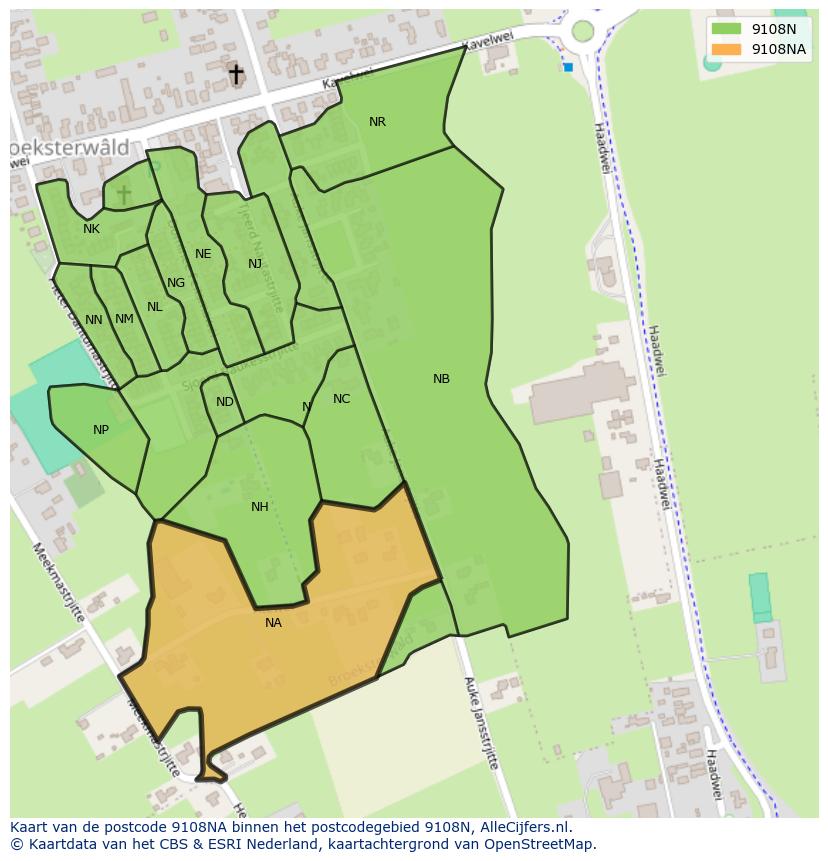 Afbeelding van het postcodegebied 9108 NA op de kaart.