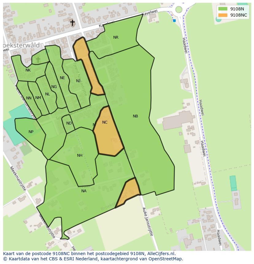 Afbeelding van het postcodegebied 9108 NC op de kaart.