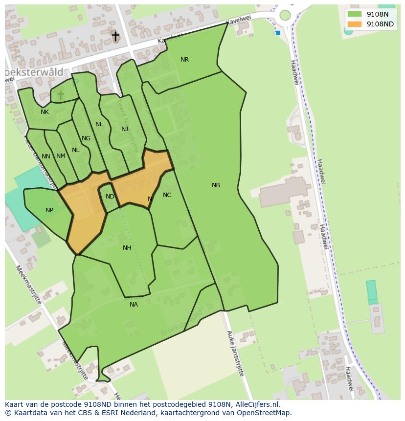 Afbeelding van het postcodegebied 9108 ND op de kaart.
