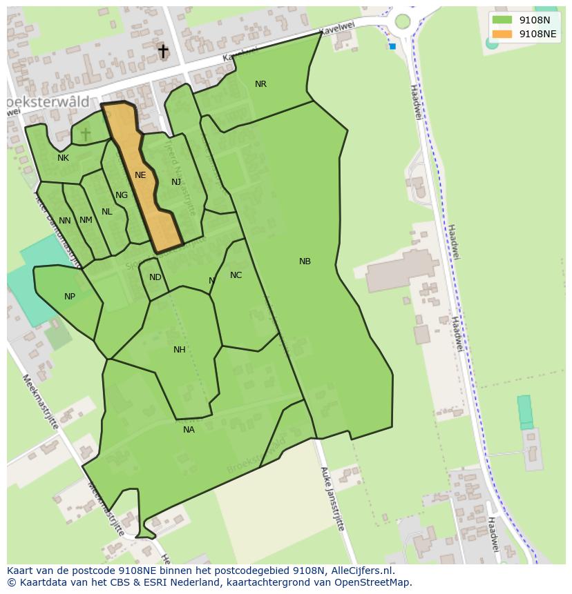 Afbeelding van het postcodegebied 9108 NE op de kaart.