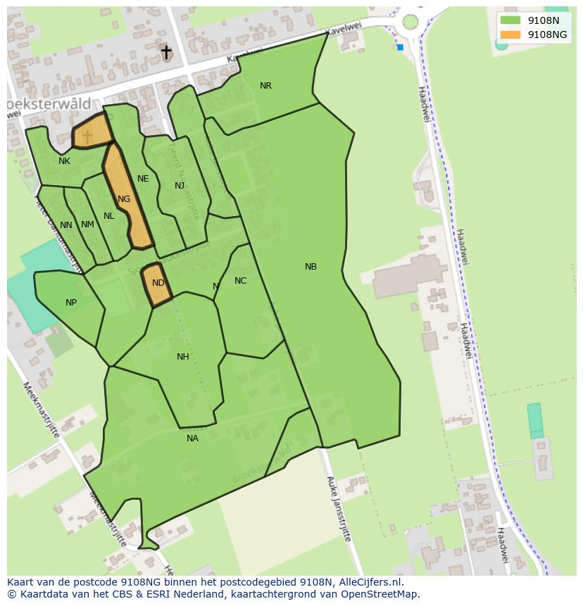 Afbeelding van het postcodegebied 9108 NG op de kaart.