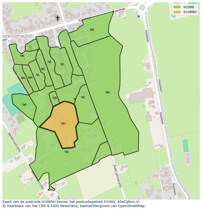 Afbeelding van het postcodegebied 9108 NH op de kaart.