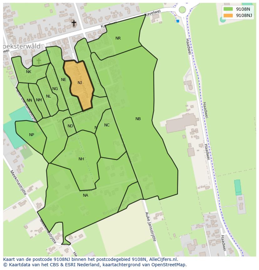 Afbeelding van het postcodegebied 9108 NJ op de kaart.
