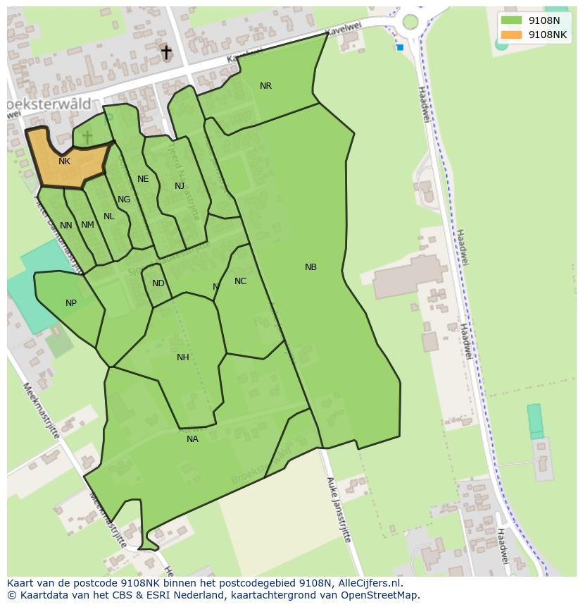 Afbeelding van het postcodegebied 9108 NK op de kaart.
