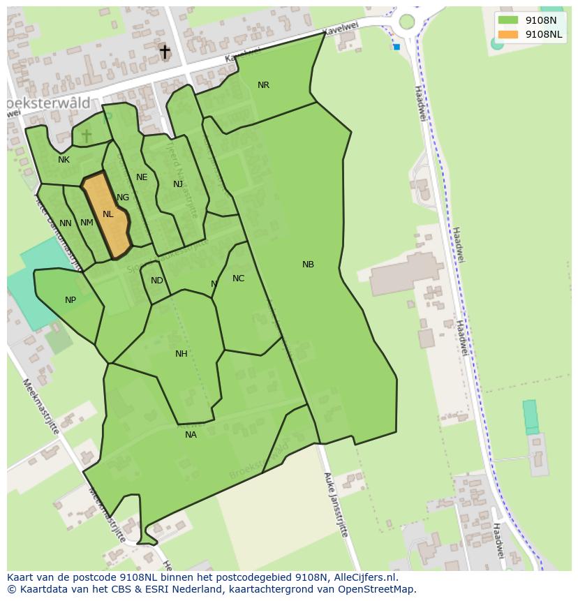 Afbeelding van het postcodegebied 9108 NL op de kaart.