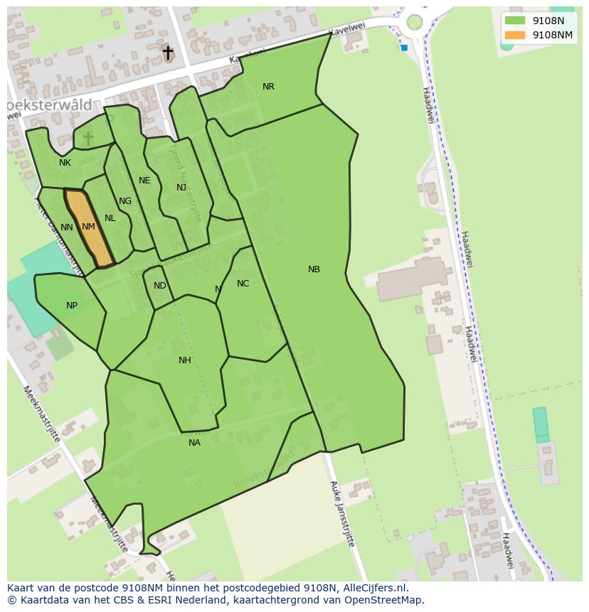 Afbeelding van het postcodegebied 9108 NM op de kaart.