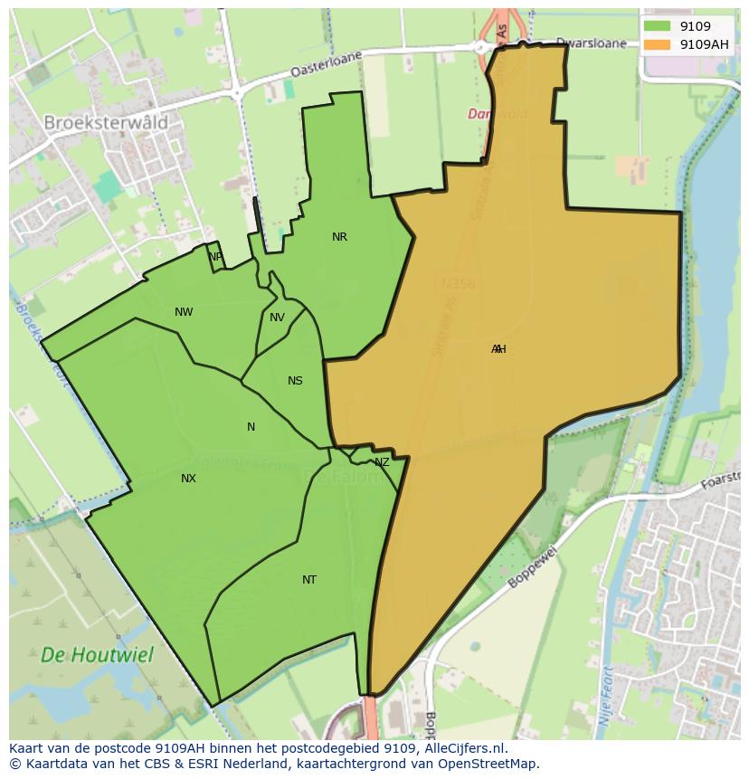 Afbeelding van het postcodegebied 9109 AH op de kaart.