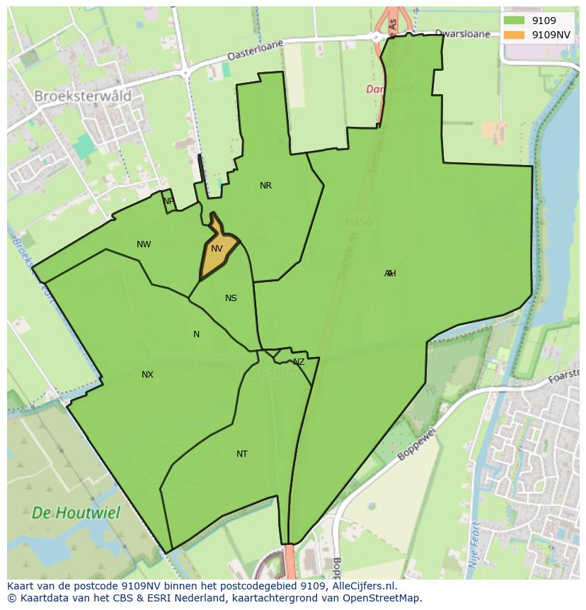 Afbeelding van het postcodegebied 9109 NV op de kaart.