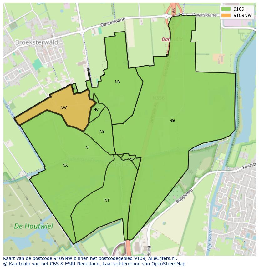 Afbeelding van het postcodegebied 9109 NW op de kaart.