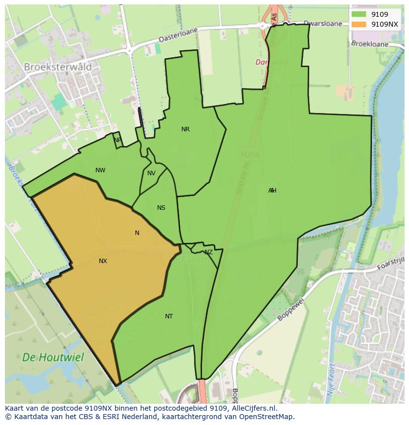 Afbeelding van het postcodegebied 9109 NX op de kaart.