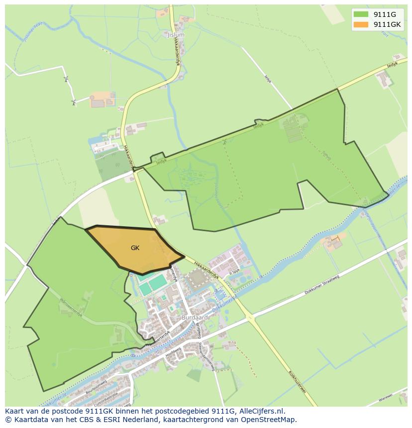 Afbeelding van het postcodegebied 9111 GK op de kaart.