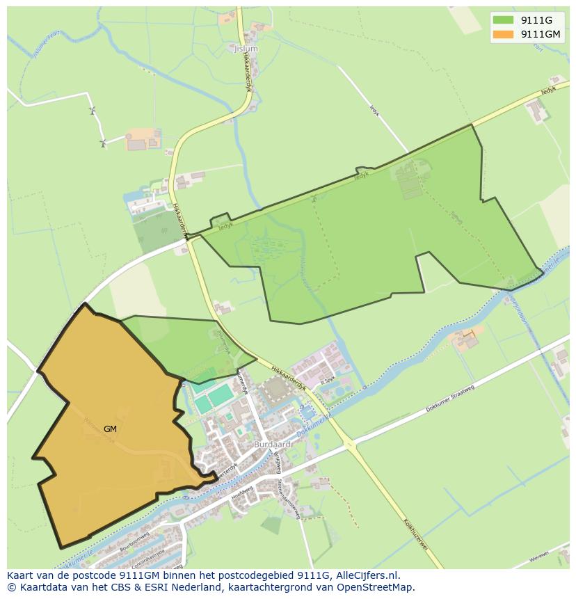 Afbeelding van het postcodegebied 9111 GM op de kaart.