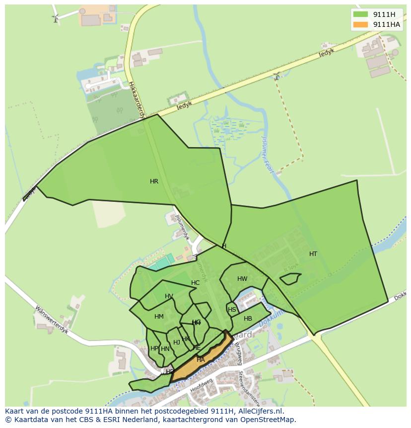 Afbeelding van het postcodegebied 9111 HA op de kaart.