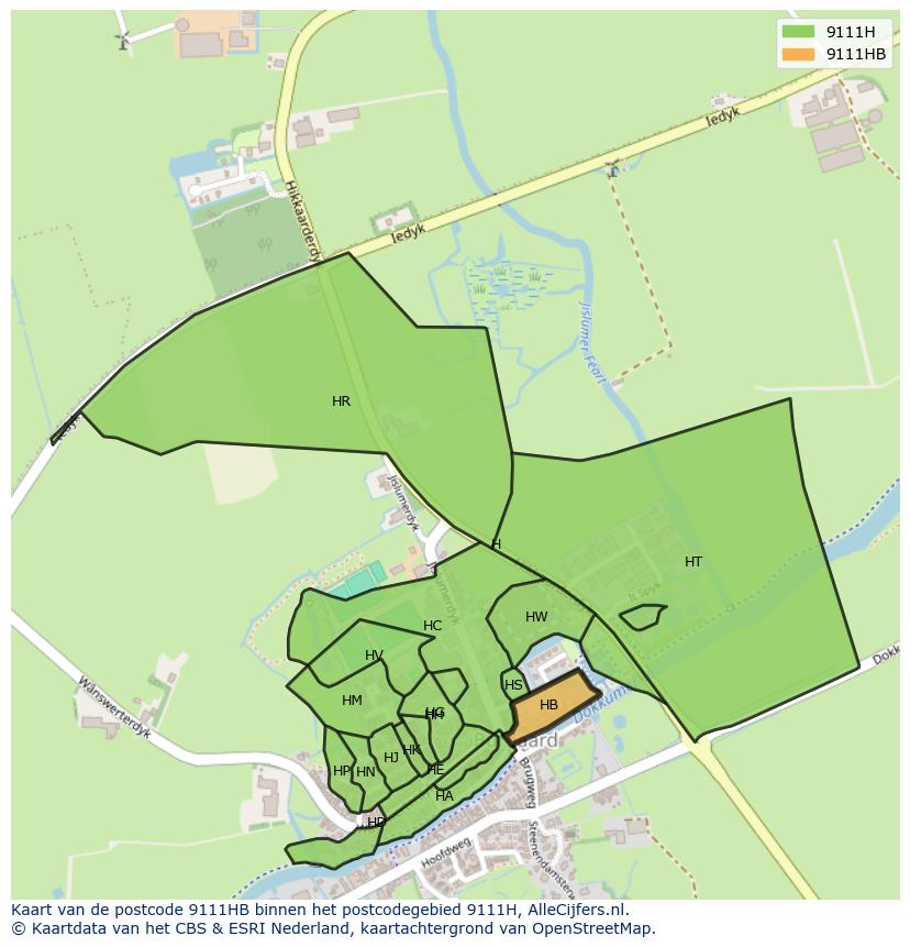 Afbeelding van het postcodegebied 9111 HB op de kaart.