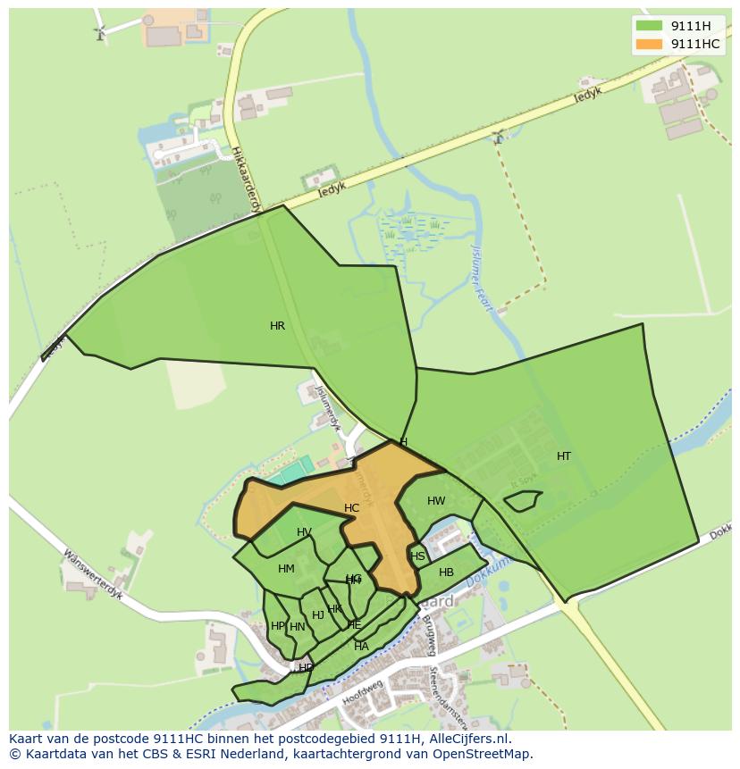 Afbeelding van het postcodegebied 9111 HC op de kaart.