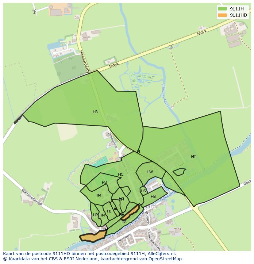 Afbeelding van het postcodegebied 9111 HD op de kaart.