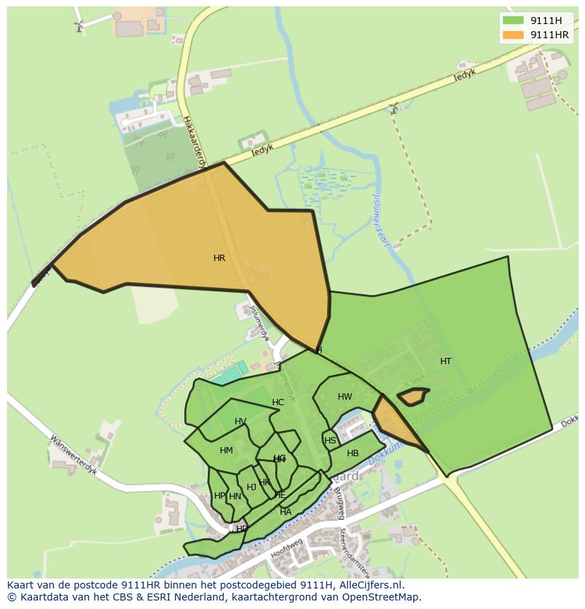 Afbeelding van het postcodegebied 9111 HR op de kaart.