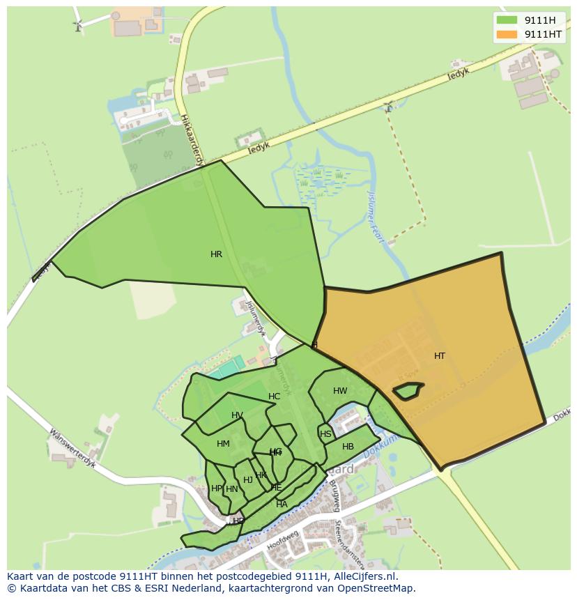 Afbeelding van het postcodegebied 9111 HT op de kaart.