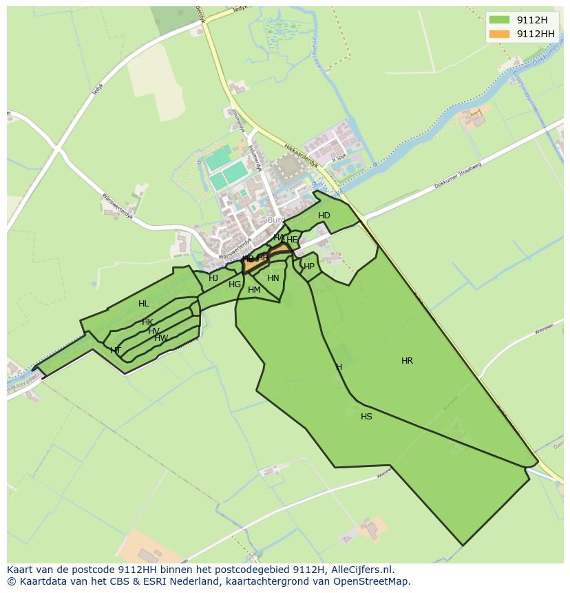 Afbeelding van het postcodegebied 9112 HH op de kaart.