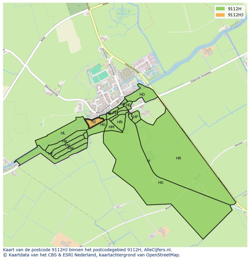 Afbeelding van het postcodegebied 9112 HJ op de kaart.