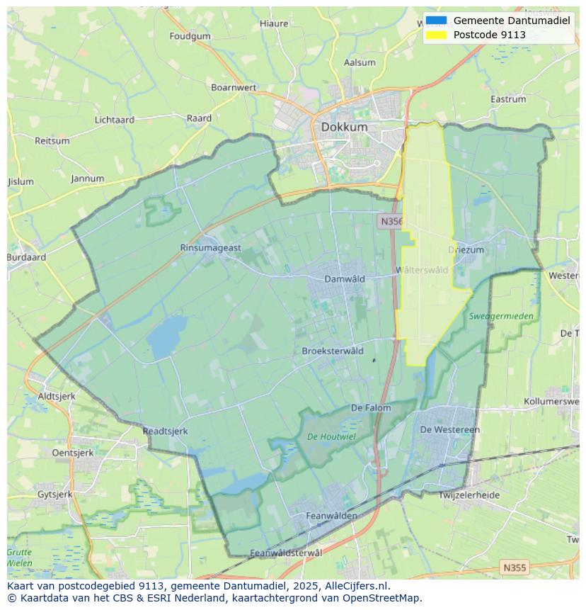 Afbeelding van het postcodegebied 9113 op de kaart.