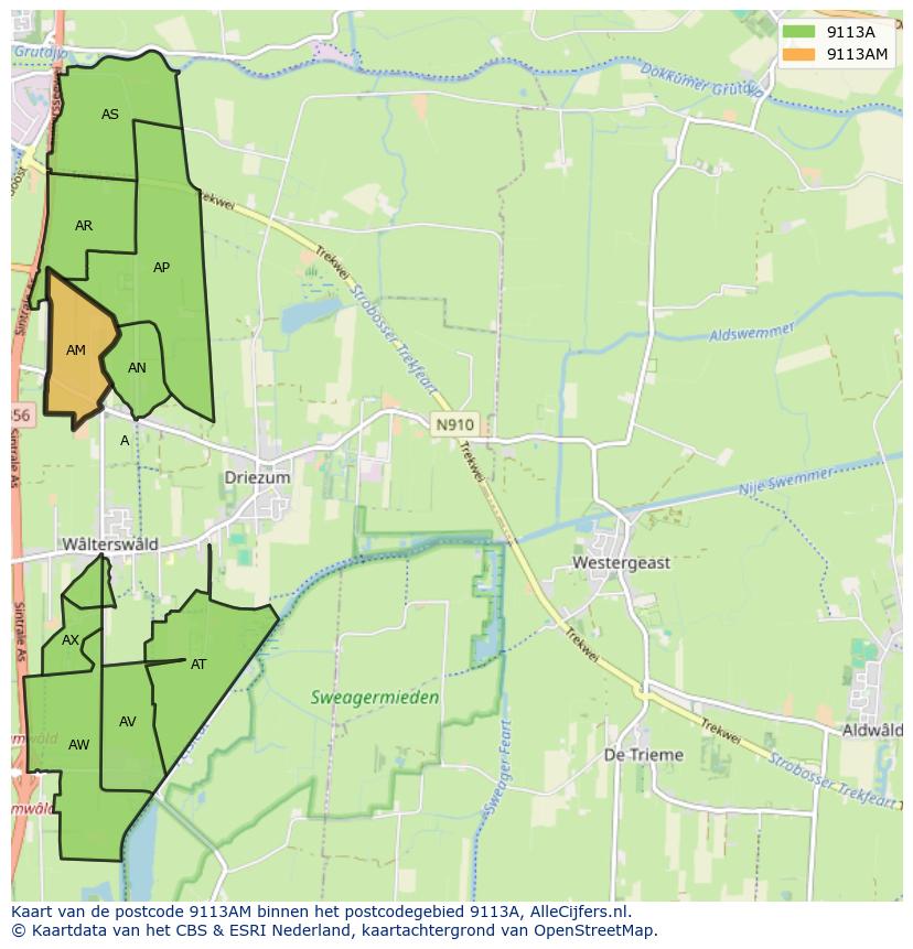Afbeelding van het postcodegebied 9113 AM op de kaart.