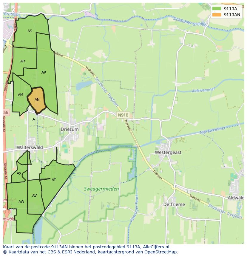 Afbeelding van het postcodegebied 9113 AN op de kaart.