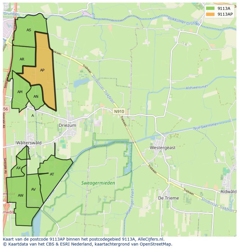 Afbeelding van het postcodegebied 9113 AP op de kaart.