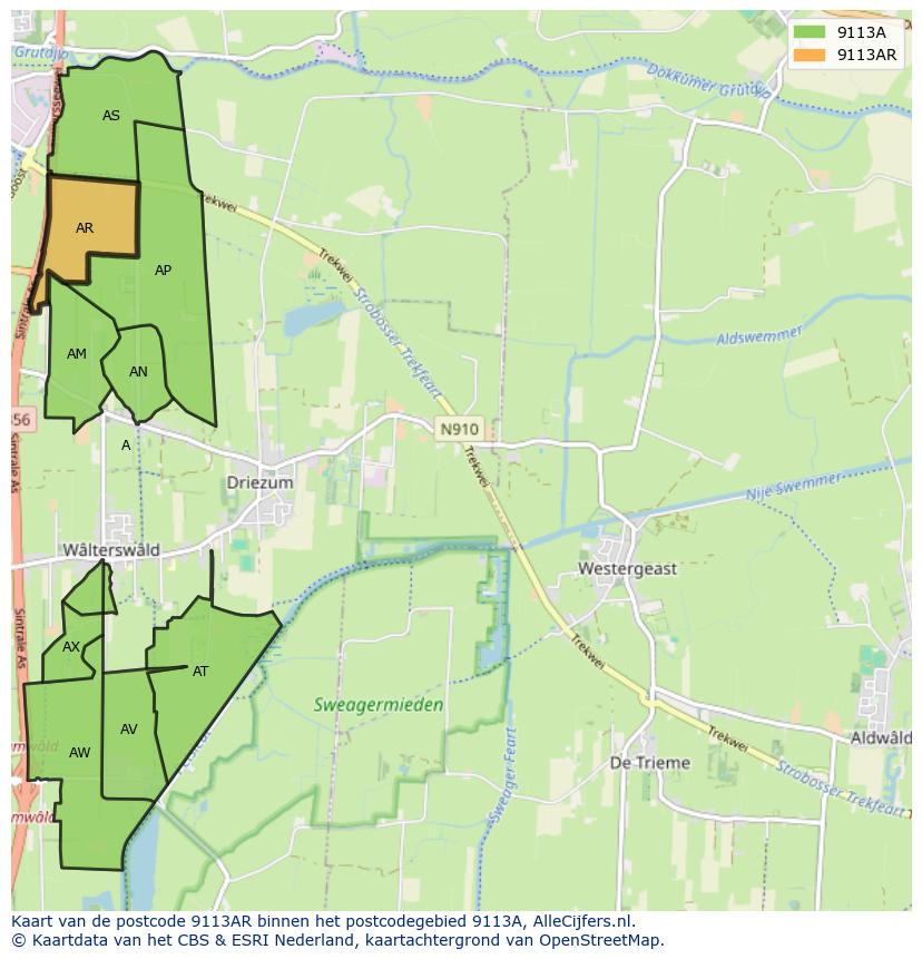 Afbeelding van het postcodegebied 9113 AR op de kaart.