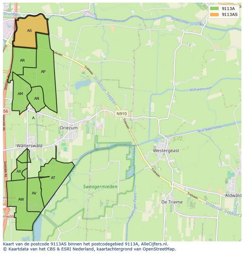 Afbeelding van het postcodegebied 9113 AS op de kaart.