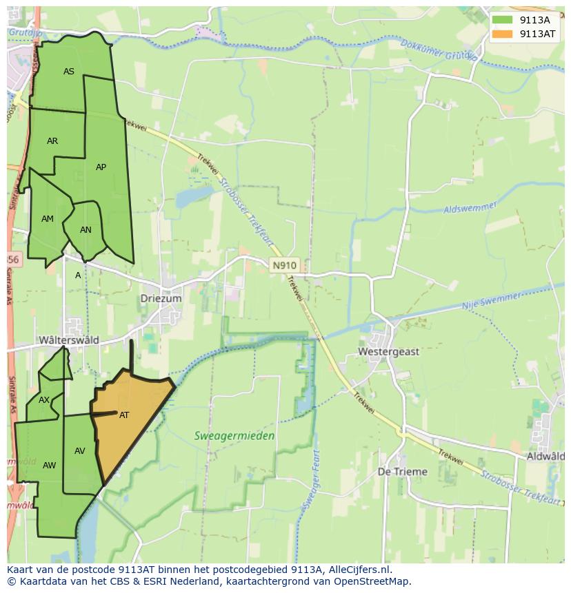 Afbeelding van het postcodegebied 9113 AT op de kaart.