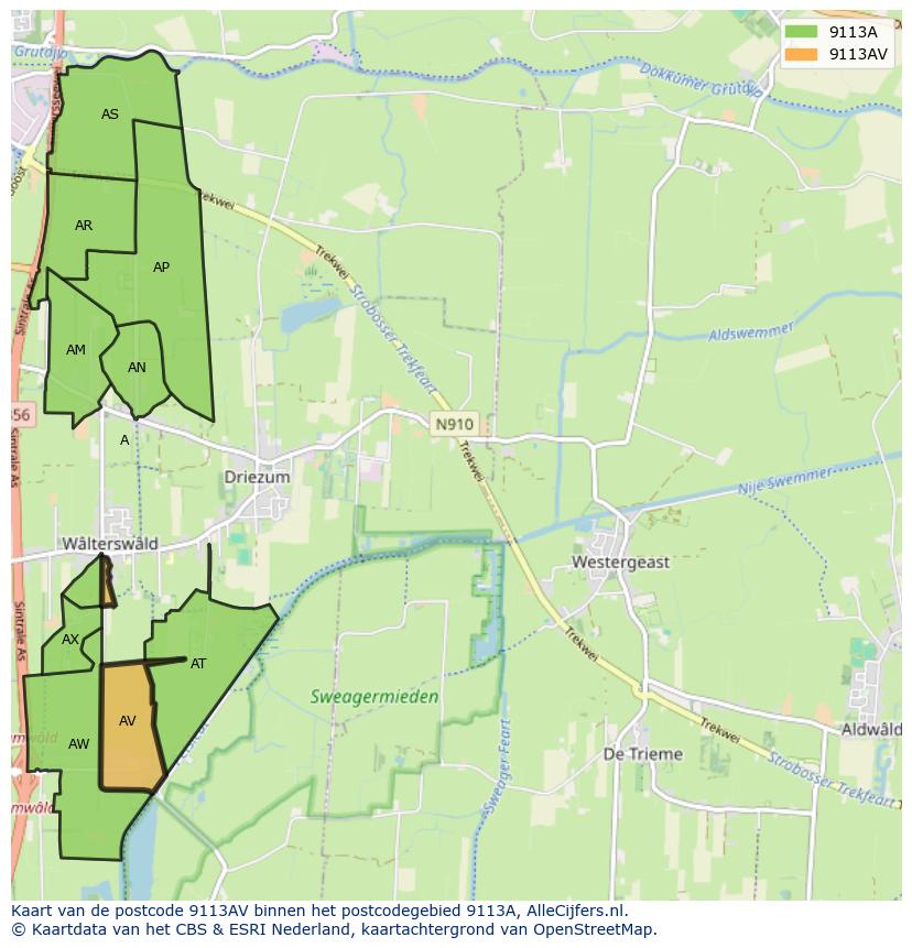 Afbeelding van het postcodegebied 9113 AV op de kaart.