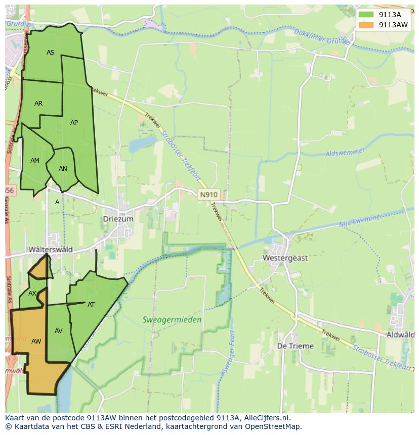 Afbeelding van het postcodegebied 9113 AW op de kaart.