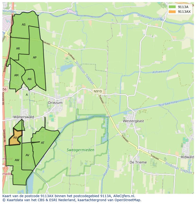Afbeelding van het postcodegebied 9113 AX op de kaart.