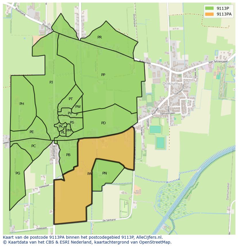 Afbeelding van het postcodegebied 9113 PA op de kaart.